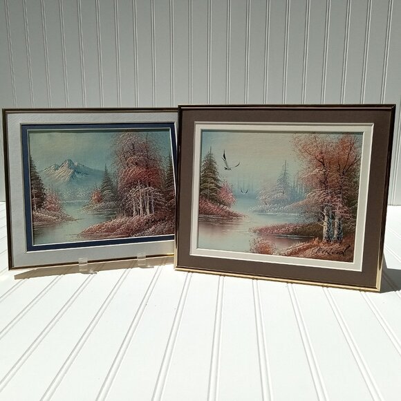 MCM Oil Paintings Mountain Art Set of 2 Signed by the Artist Textured Framed Vtg - Picture 1 of 15